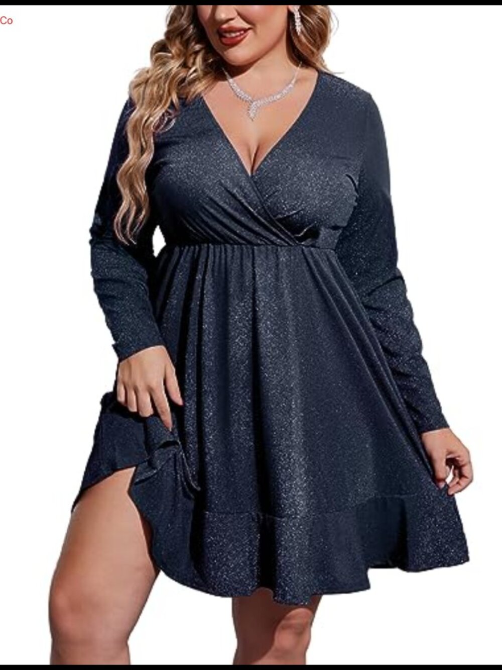 Plus Size Glitter Cocktail Dress Long Sleeve V-Neck Midi Fit Flare Party